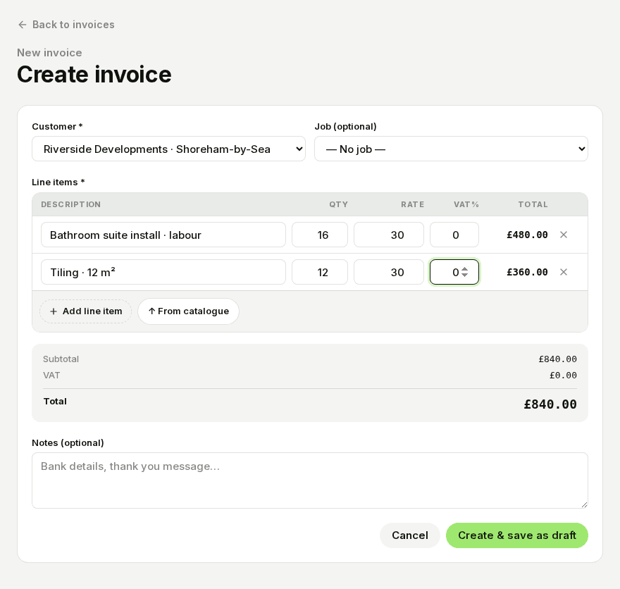 TradeTally invoice form showing a customer, line items and totals